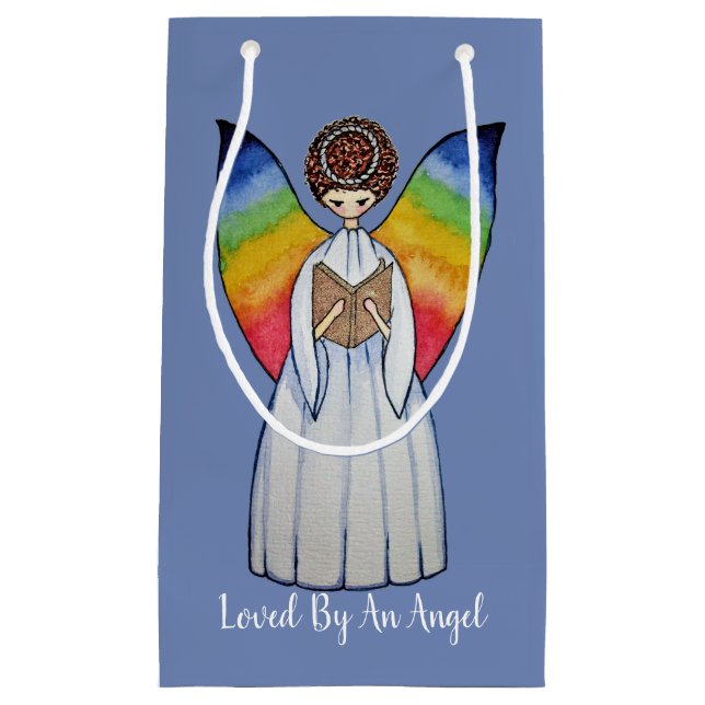 Petit Sac Cadeau Aquarelle Angel Avec Arcs-En-Ciel Lire Un Livre (Devant)