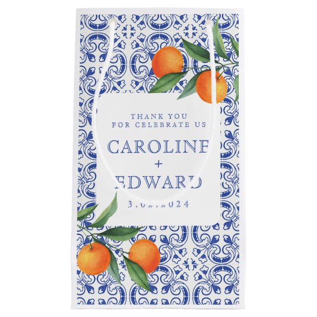 Petit Sac Cadeau Aquarelle bleu Mariage méditerranéen (Devant)