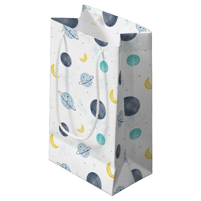 Petit Sac Cadeau Aquarelle Blue Space Planet Motif (Devant Angle)