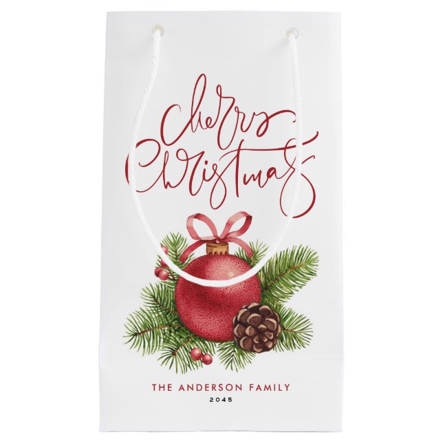 Petit Sac Cadeau Aquarelle Boule rouge Ornement Joyeux Noël (Devant)