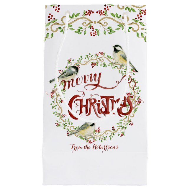 Petit Sac Cadeau Aquarelle Chickadee Birds Joyeux Noël Wreath (Devant)