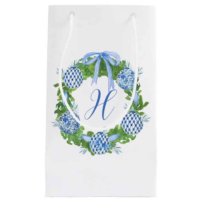 Petit Sac Cadeau Aquarelle Chinoiserie Wreath Noël Monogramme (Devant)