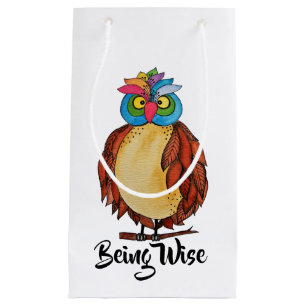 Petit Sac Cadeau Aquarelle Chouette magique avec plumes arc-en-ciel