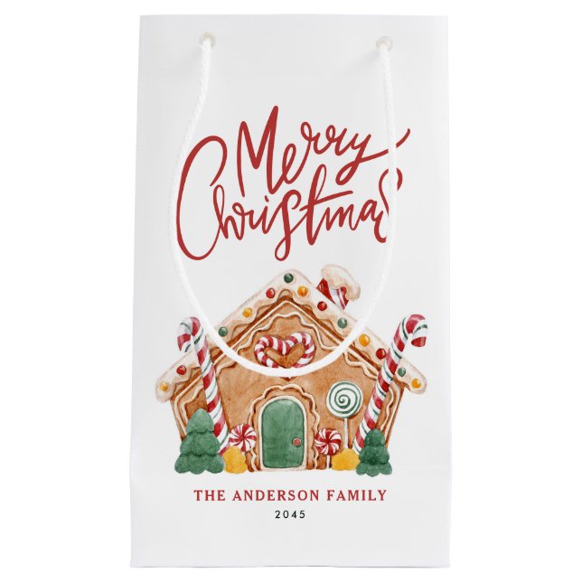 Petit Sac Cadeau Aquarelle Festif pain d'épices Maison Noël (Devant)