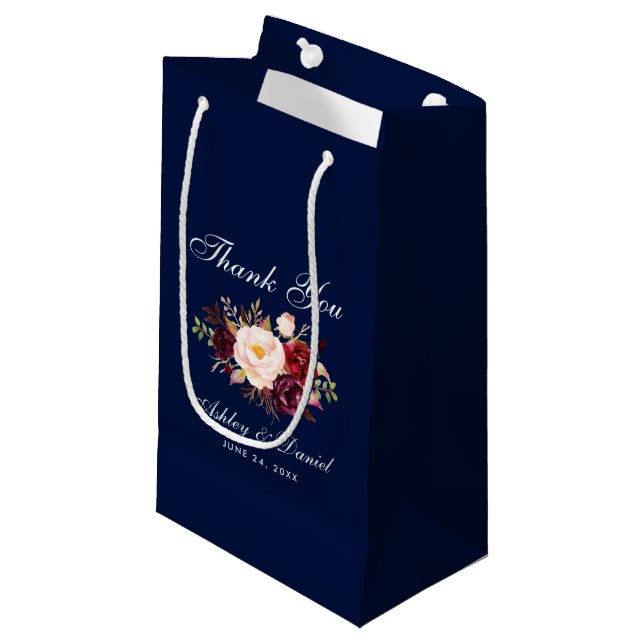 Petit Sac Cadeau Aquarelle Floral Bourgogne bleu Mariage Merci (Devant Angle)