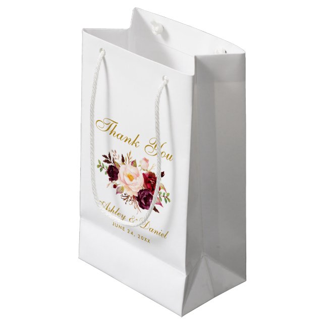 Petit Sac Cadeau Aquarelle Floral Bourgogne Gold Mariage Merci (Devant Angle)
