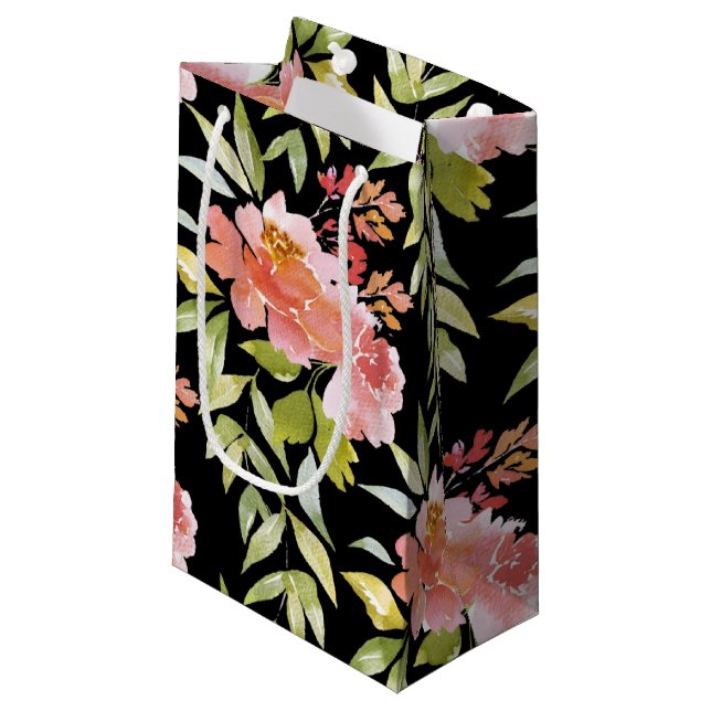 Petit Sac Cadeau Aquarelle florale sur noir (Devant Angle)