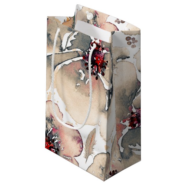 Petit Sac Cadeau Aquarelle ivoire Floral Boho Plumes Mariage (Devant Angle)