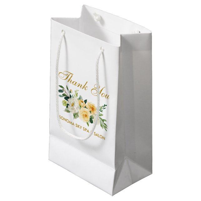 Petit Sac Cadeau Aquarelle Jaune Floral Or Élégant Merci (Devant Angle)
