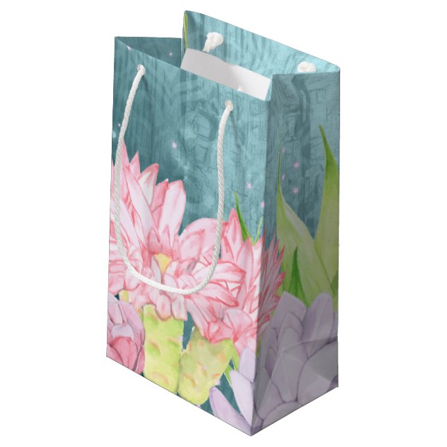 Petit Sac Cadeau Aquarelle magique Succulents bleu turquoise (Dos Angle)