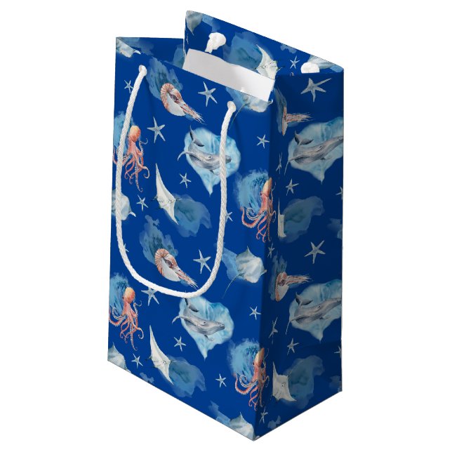 Petit Sac Cadeau Aquarelle Mer Animaux Bleu Profond (Dos Angle)