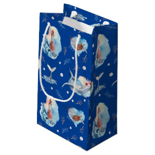 Petit Sac Cadeau Aquarelle Mer phare Baleine Bleu profond