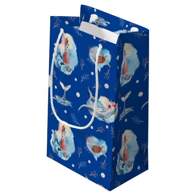 Petit Sac Cadeau Aquarelle Mer phare Baleine Bleu profond (Dos Angle)