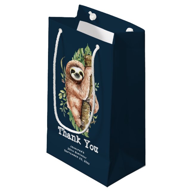 Petit Sac Cadeau Aquarelle mignonne Sloth & Merci Feuille Tropical (Devant Angle)