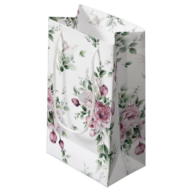 Petit Sac Cadeau Aquarelle Peonies roses et verdure (Devant Angle)