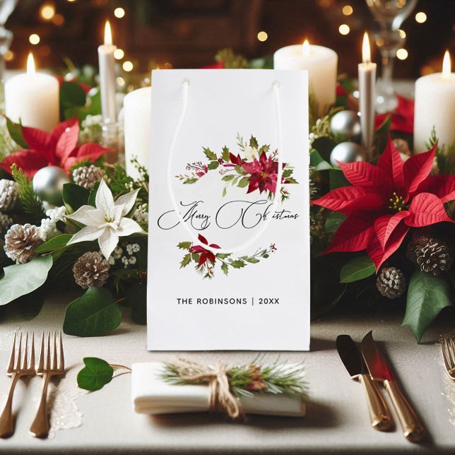 Petit Sac Cadeau Aquarelle Poinsettia Noël (Watercolor Poinsettia Christmas Small Gift Bag)