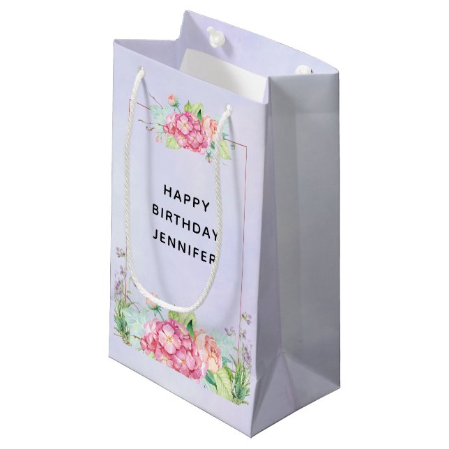 Petit Sac Cadeau Aquarelle rose moderne Cadre Floral Anniversaire (Devant Angle)