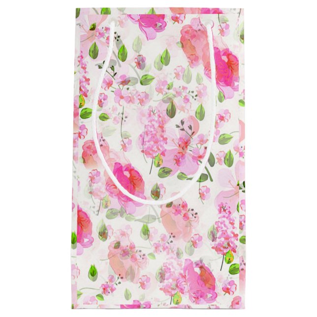 Petit Sac Cadeau Aquarelle rose Motif de jardin Floral (Devant)