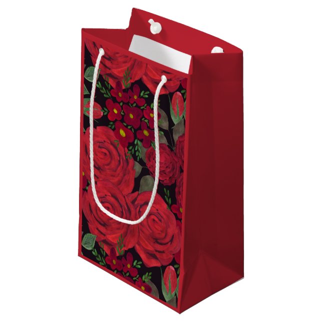 Petit Sac Cadeau Aquarelle rouge roses sur le noir, (Devant Angle)