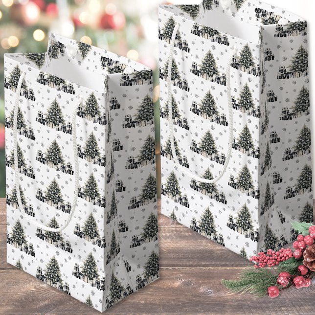 Petit Sac Cadeau Arbre de Noël noir blanc élégant (Black White Elegant Christmas Tree Small Gift Bag)