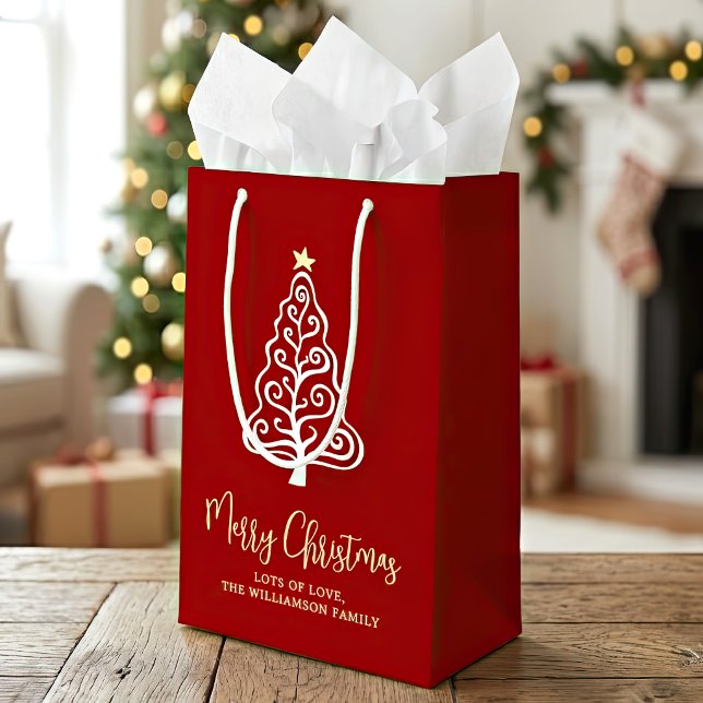 Petit Sac Cadeau Arbre de Noël Rouge Joyeux Nom de Script Amusant F (Créateur téléchargé)