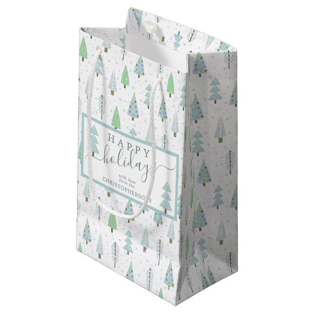 Petit Sac Cadeau Arbres de Noël modernes JEUX VACANCES Script Bleu (Devant Angle)