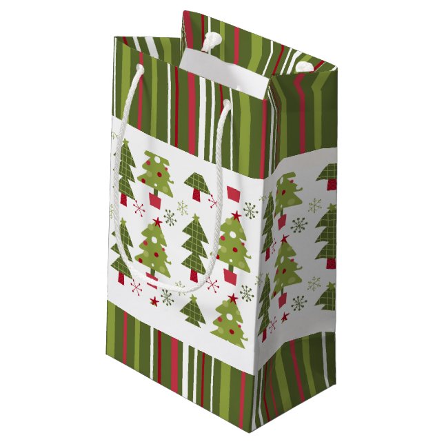 Petit Sac Cadeau Arbres et bandes rouges, blancs et verts de Noël (Dos Angle)