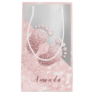 Petit Sac Cadeau Argent rose de rose de baby shower d'or de pieds