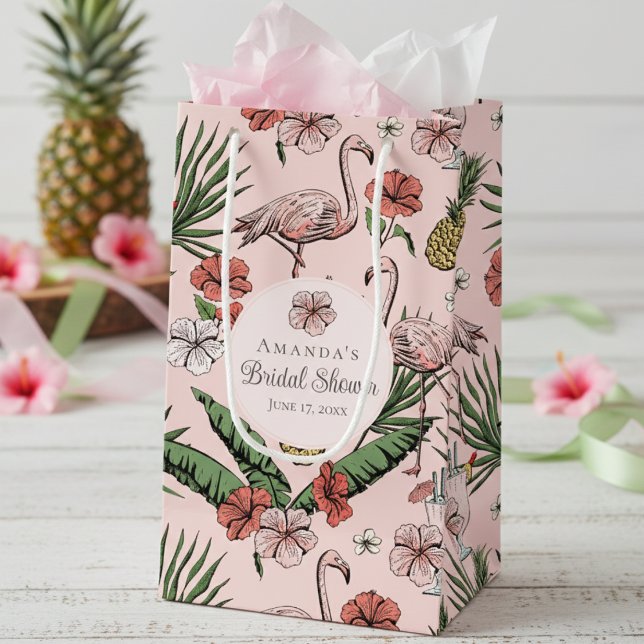 Petit Sac Cadeau Arrosage de mariage Tropical Rose Flamant et Hibis (Chic Pink Tropical Floral Pink Flamingo, Hibiscus Flowers & Banana Leaves Bridal Shower Gift Bags)