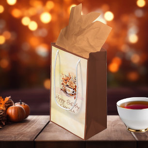 Petit Sac Cadeau Automne Floral Cottage Core Teacup Joyeux annivers