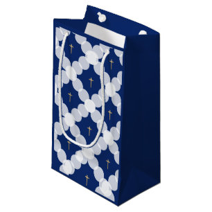Petit Sac Cadeau Baby Boy baptism bleu foncé croix or blanc