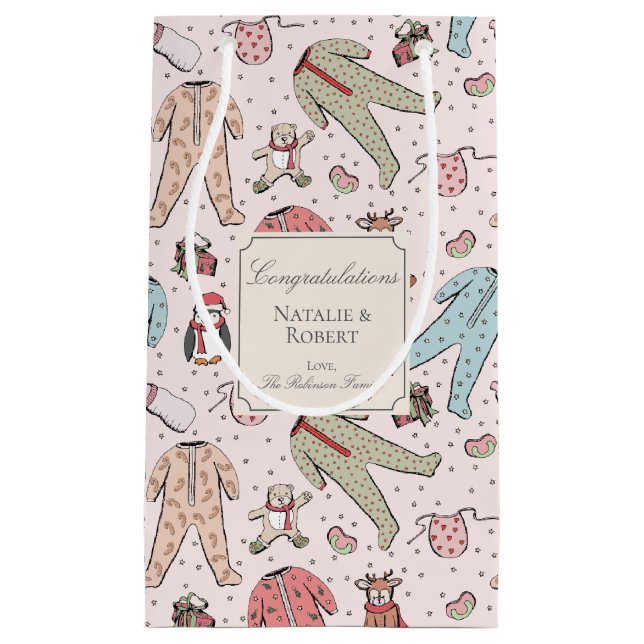 Petit Sac Cadeau Baby shower d'hiver rose mignon personnalisé (Devant)