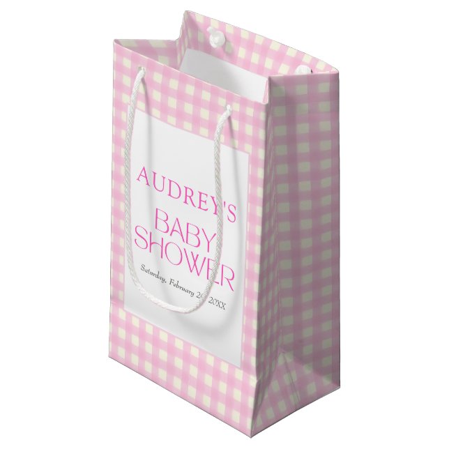 Petit Sac Cadeau Baby shower fille rose classique En vichy (Devant Angle)