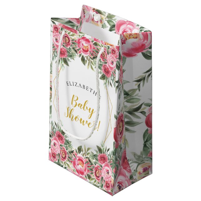Petit Sac Cadeau Baby shower rose de pivoines d'or (Devant Angle)