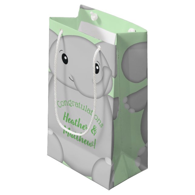 Petit Sac Cadeau Baby shower vert éléphant (Devant Angle)