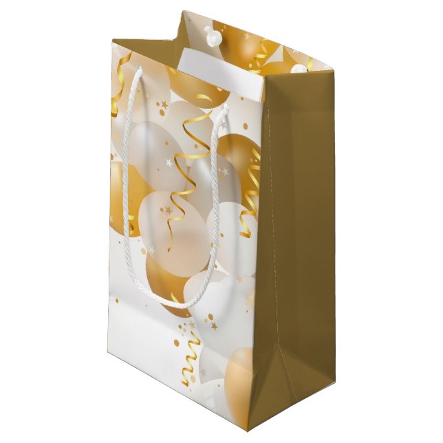 Petit Sac Cadeau Ballons or et blanc (Devant Angle)