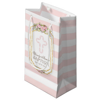 Petit Sac Cadeau Baptême d'or floral rose rayures