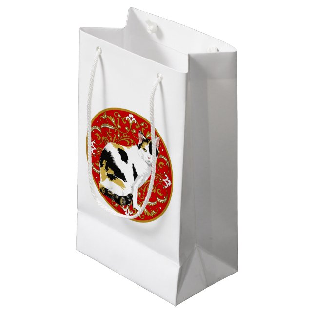 Petit Sac Cadeau Baroque Chat Calico (Devant Angle)