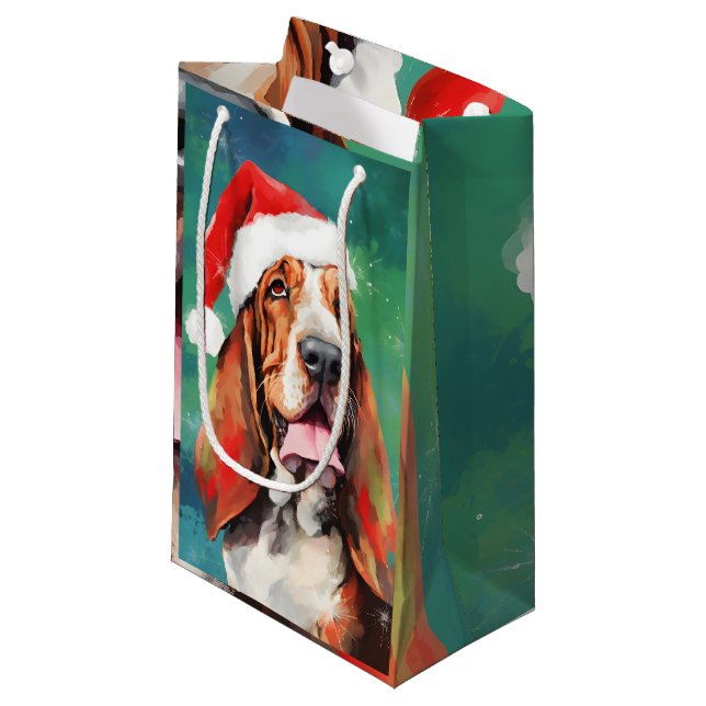 Petit Sac Cadeau Basset Hound Peinture de Noël (Devant Angle)