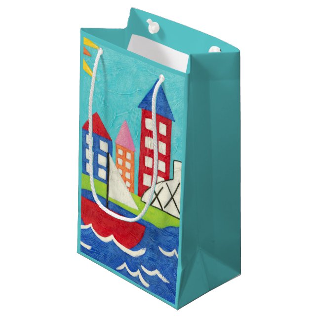 Petit Sac Cadeau Bateau à voile et ballon à air chaud avec Cityscap (Devant Angle)