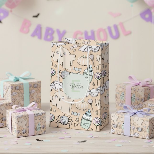 Petit Sac Cadeau Bébé Neutre Genre Halloween Citrouille Fantôme (Cute Halloween Gift Bags for Gender Neutral Fall Baby Shower. Spooky Ghosts, Bats & Pumpkin Pattern)