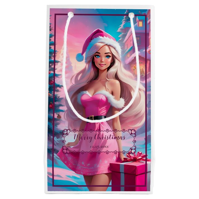 Petit Sac Cadeau Belle fille de Noël rose 01 (Devant)