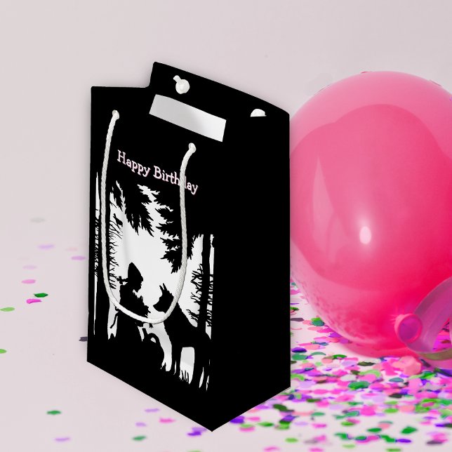 Petit Sac Cadeau Birthday Fairy Tale Riding Hood Wolf Black White (Red riding hood in woods with flowers talking to wolf on black white Happy Birthday gift bags.)