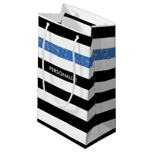 Petit Sac Cadeau Black Stripes FAUX Blue Glitz and Name
