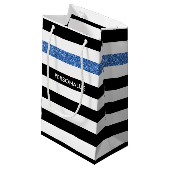Petit Sac Cadeau Black Stripes FAUX Blue Glitz and Name (Devant Angle)