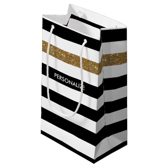 Petit Sac Cadeau Black Stripes FAUX Gold Glitz et Nom (Devant Angle)