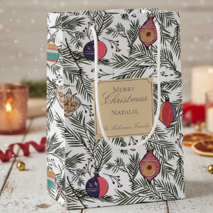 Petit Sac Cadeau Blanc et or Vintage Xmas Ornements Pine Berries