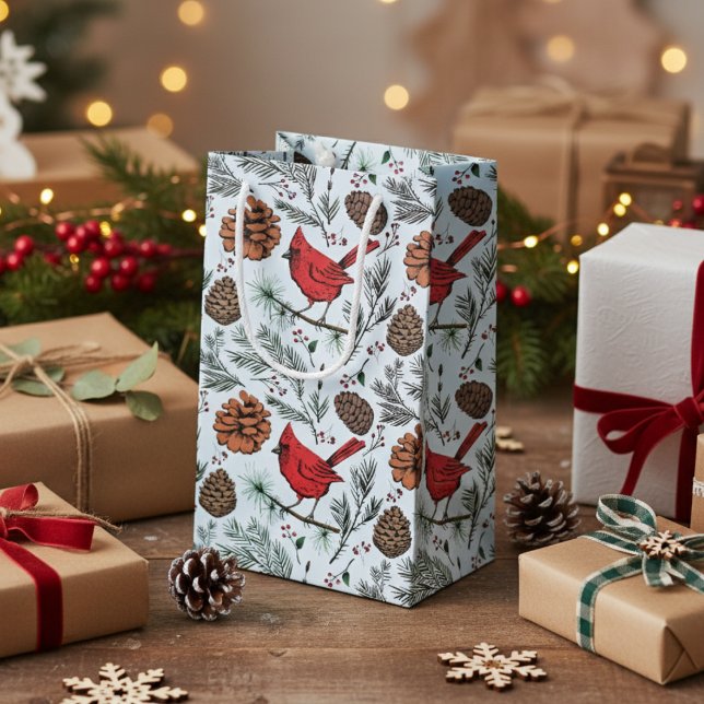 Petit Sac Cadeau Bleu clair Hiver Perché Rouge Cardinal & Pine Cône (Elegant Red Cardinal Gift Bags. Rustic Cardinal Birds, Pinecones, Pine Winter Pattern in Light Blue.)