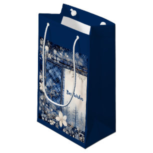 Petit Sac Cadeau Bleu et blanc Beau Noël Floral