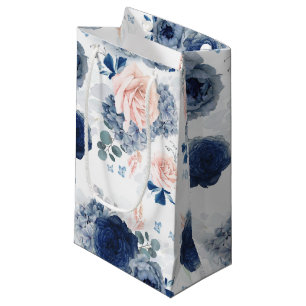 Petit Sac Cadeau Bleu et Fleurs rose pâle et doux élégant